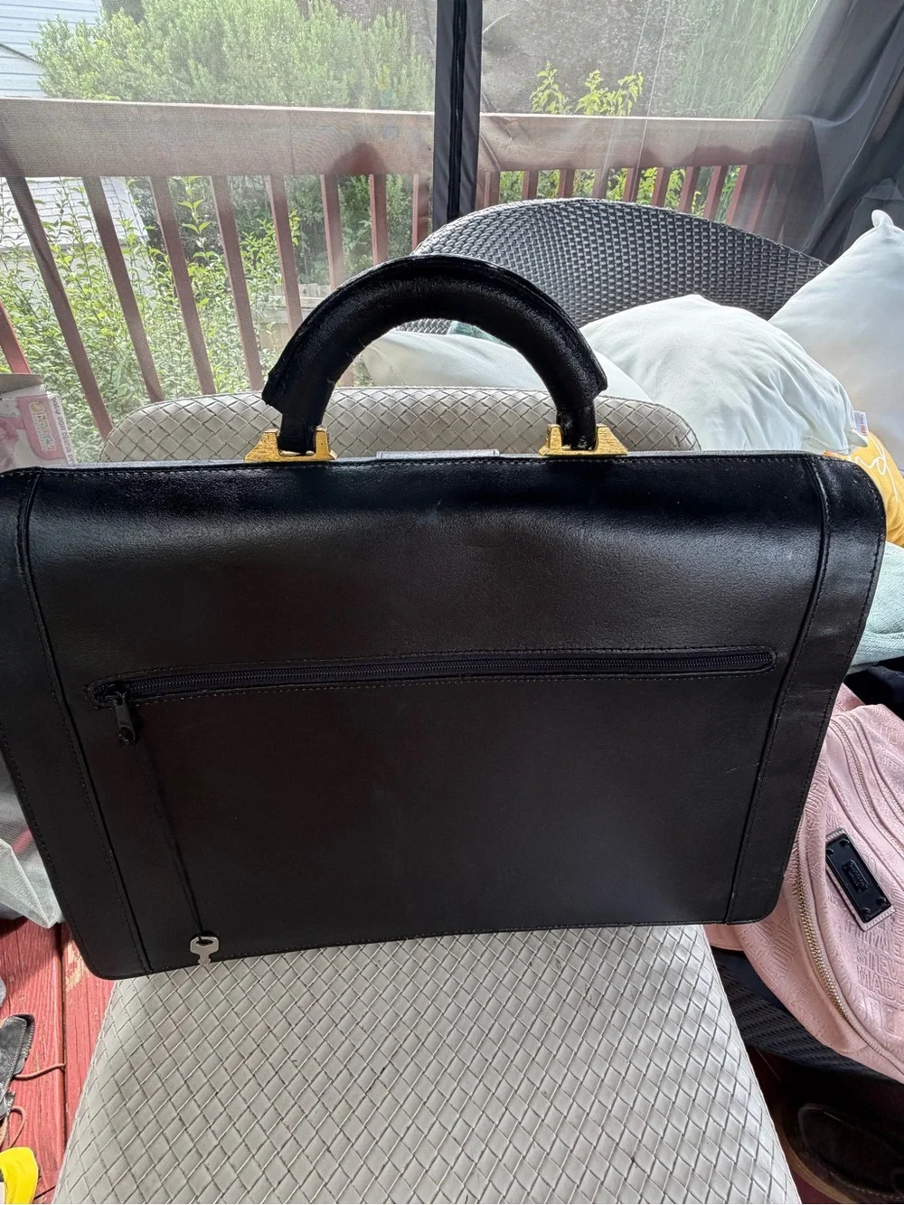 Men's Black Leather Briefcase with Gold Hardware - Classic Professional Style